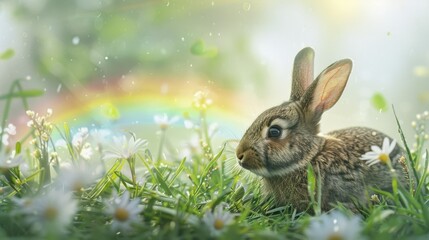 Fototapeta premium cute rabbit sitting in field of daisies, surrounded by lush green grass and soft rainbow in background, creating serene and joyful atmosphere