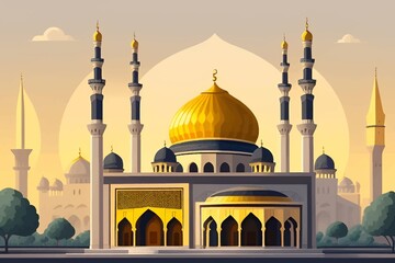 Beautiful and colorful illustration of a mosque with trees, flowers and peaceful sky, amazing, serene, tranquil, vibrant