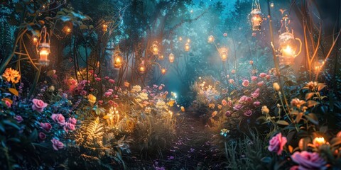 A magical garden path illuminated by lanterns, surrounded by vibrant flowers and serene ambiance.