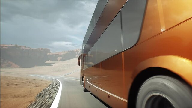 Touristic bus very fast driving on desert highway. Tourism, travel concept. Realistic 4k animation.