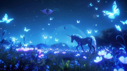 A magical scene featuring a unicorn amidst glowing flowers and butterflies in a serene, enchanted landscape.