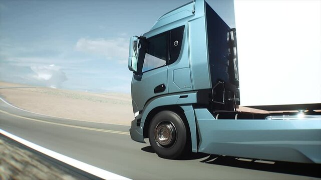 White delivery generic truck on desert highway. Very fast driving. Delivery concept.