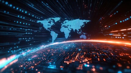 Fototapeta premium Futuristic Digital Globe in Cyberpunk Style with Neon Lights Motion and Binary Data Streams