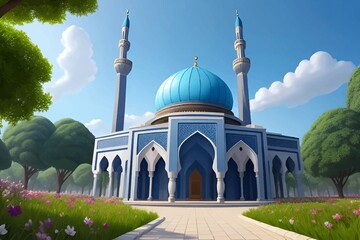 Obraz premium Beautiful and colorful illustration of a mosque with trees, flowers and peaceful sky, amazing, serene, tranquil, vibrant