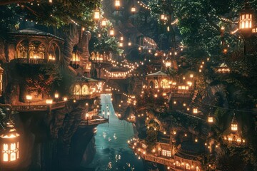 Fototapeta premium A magical, illuminated village nestled in a rocky landscape with flowing water and enchanting lanterns.