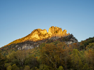 Seneca Rocks summit lit in the sunset with trees in fall colors in the foreground