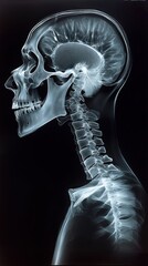 X-ray illustration of human skeleton focuses on skull, spine anatomy. Medical graphic shows detailed structure of head bones, spinal column. Image highlights skeletal features like clavicle, neck,