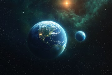Earth in Space Hyper-Realistic Digital Painting with Vibrant Blue Green Planet and Cloud Patterns
