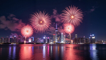 Fototapeta premium Colorful fireworks over modern skyline for Chinese New Year celebration
