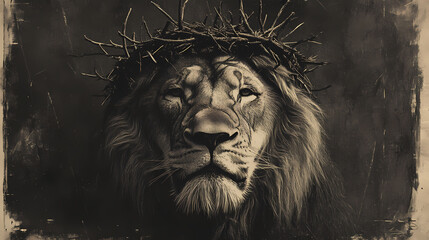 Majestic lion of judah with crown of thorns - vintage christian symbolism, faith, spiritual majesty, religious artwork, divine power, inspirational imagery. Thornshade. Illustration