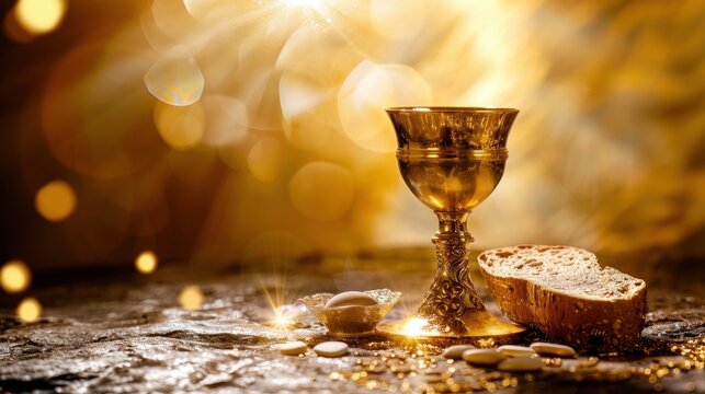 Golden chalice with bread and communion elements on shimmering background, evoking sense of reverence and spirituality