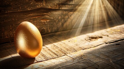 Obraz premium golden egg rests on rustic wooden surface, illuminated by soft rays of light, creating serene and magical atmosphere