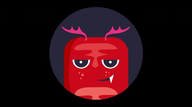 A cartoon character with red skin, mischievous expression, and pink antlers against a dark background.
