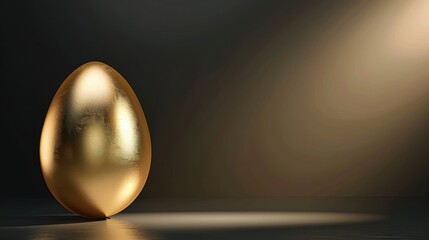 Obraz premium shiny golden egg stands alone in dimly lit space, reflecting light beautifully. smooth surface and warm glow create elegant and luxurious atmosphere