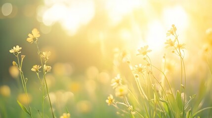 Sunny meadow wildflowers backlit sunset bokeh background