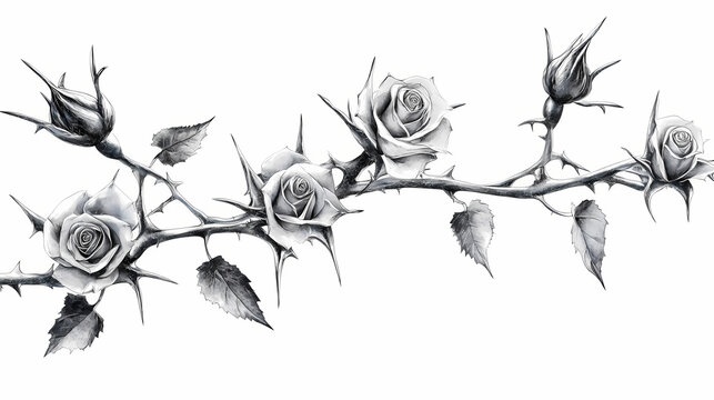 Silver metal rose vines with sharp thorns. gothic prickly vine elements isolated. Thornshade. Illustration