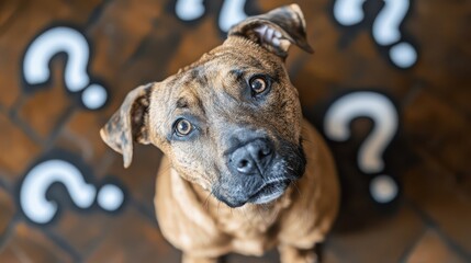 A confused dog surrounded by question marks, conveying a sense of curiosity or bewilderment.