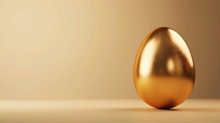 shiny golden egg stands on smooth surface, reflecting light beautifully. This elegant object symbolizes wealth and prosperity, creating luxurious atmosphere