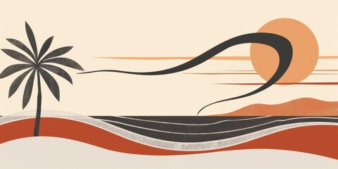 Obraz premium A minimalist landscape featuring a palm tree, sun, and waves, evoking a serene beach atmosphere.