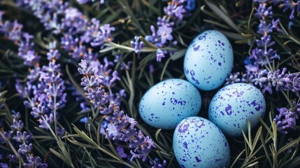 Obraz premium Beautiful blue speckled eggs nestled among vibrant lavender flowers, creating serene and colorful spring scene. Perfect for Easter or seasonal decoration