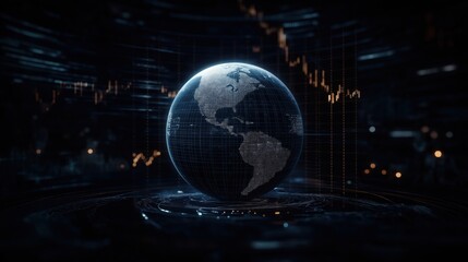 Digital globe surrounded by tech data visualizations at night. Futuristic financial setting shows global info network. Global trends, market data. Dynamic representation of world eco systems.