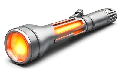 Futuristic metallic flashlight with glowing orange light.