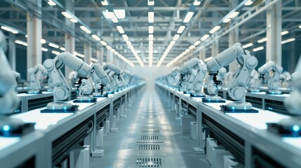 Obraz premium A modern industrial facility featuring robotic arms on assembly lines for efficient automation.