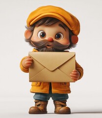 Whimsical 3D Character Nerd Larry Holding a Large Envelope in Cartoon Style