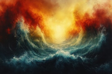 Fototapeta premium Dramatic seascape with turbulent waves and a fiery sky at sunset.