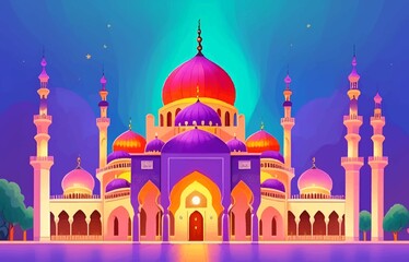 Obraz premium Beautiful and colorful illustration of a mosque with trees, flowers and peaceful sky, amazing, serene, tranquil, vibrant