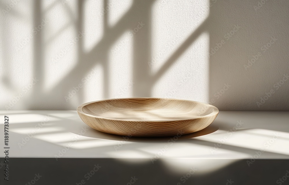 Poster minimalistic wooden plate still life on illuminated surface with dramatic shadows for scandinavian d