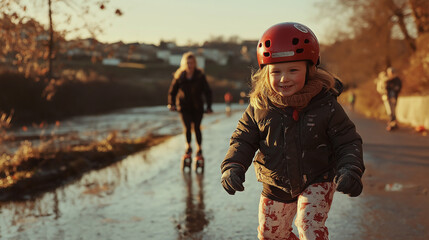 Naklejka premium Happy girl rollerblading on wet pathway during sunset