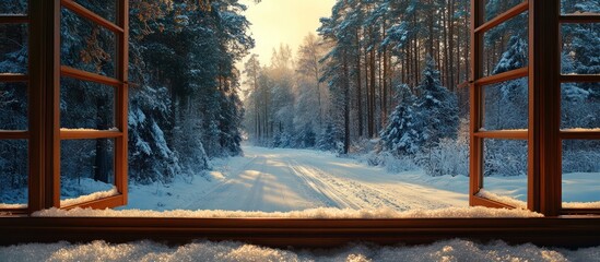 Snowy forest sunrise, open window view