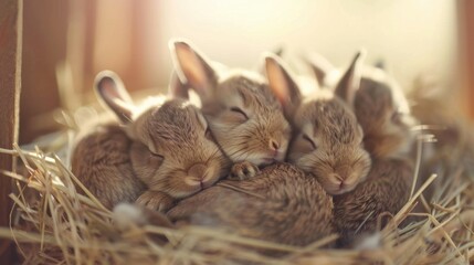 Obraz premium Soft and cozy group of rabbits nestled together in straw nest, exuding warmth and tranquility. Their peaceful expressions create heartwarming scene of comfort and companionship