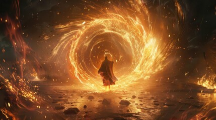 A mystical figure stands before a swirling fiery portal, evoking a sense of magic and adventure.