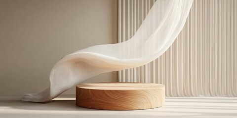 Minimalist 3D Podium Display with Flowing Beige Fabric and Wooden Pedestal for Beauty and Cosmetic Presentation
