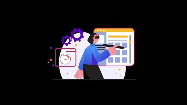 A diverse woman in a blue shirt interacts with digital tools in a flat design, emphasizing technology and data management.