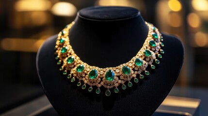 An elegant necklace with emerald gemstones showcased on a black velvet stand.