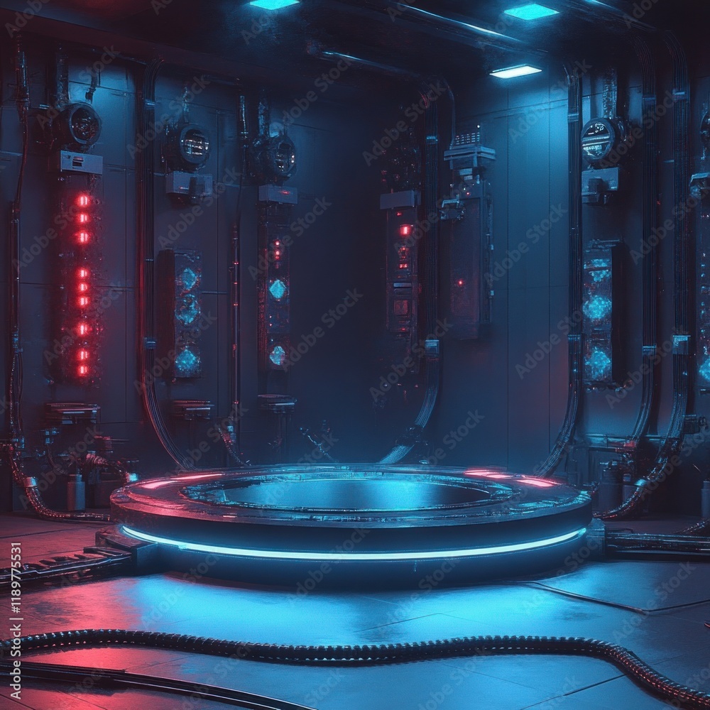 Poster futuristic glowing podium in cyberpunk laboratory with cool blue lights and sleek wires for technolo