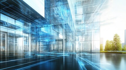 A D rendering of a business office building with a digital technology overlay.