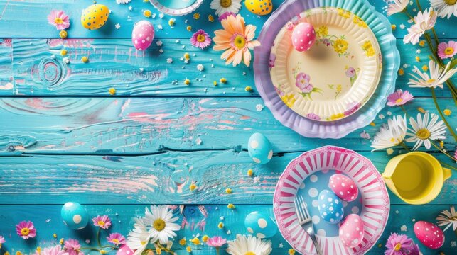 Colorful Easter decorations with plates, eggs, and flowers on blue wooden table create festive atmosphere. Perfect for spring celebrations and holiday gatherings