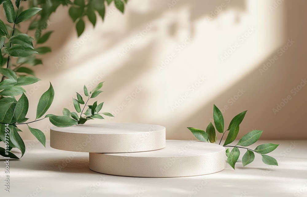 Poster Minimalistic 3D Display Podium with Round Platforms and Green Leaves on Neutral Warm Background