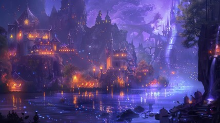 A mystical landscape featuring illuminated buildings and a serene river under a starry sky.