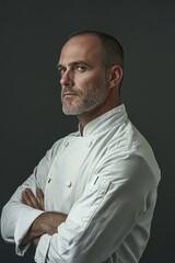 Obraz premium Portrait of a Serious Chef in Apron in Thoughtful Expression