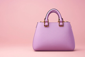 A cute purple handbag with golden hardware, centered on a pastel background.