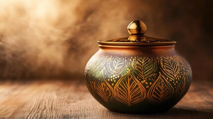 A beautiful pot with golden leaf patterns on a wooden table under warm lighting.