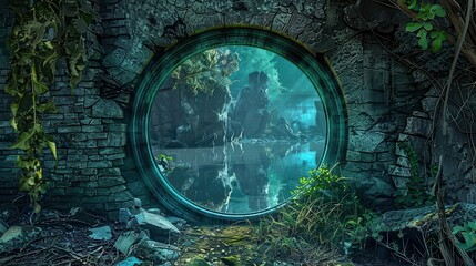 A mystical view through a circular stone window, revealing a serene water landscape with lush greenery.