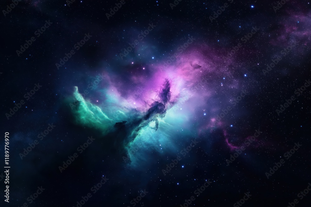 Wall mural colorful nebula in deep space. vivid purple, green clouds swirl in cosmos. stars scattered across da