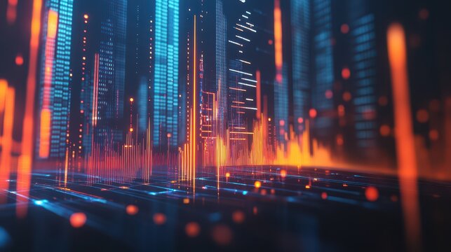 A dynamic graph depicting stock market trends with rising lines and numerical data, illustrating financial growth and market performance.