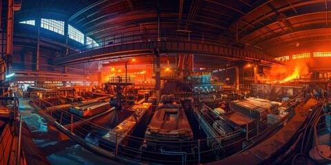 Obraz premium A panoramic view of an industrial facility with machinery and molten metal, showcasing manufacturing processes.